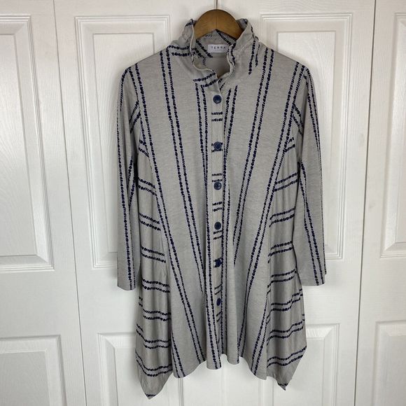Terra Tops - TERRA SJ Apparel L Tunic Top Shirt Wire Ruffle Collar Buttons Gray Artsy Art To
